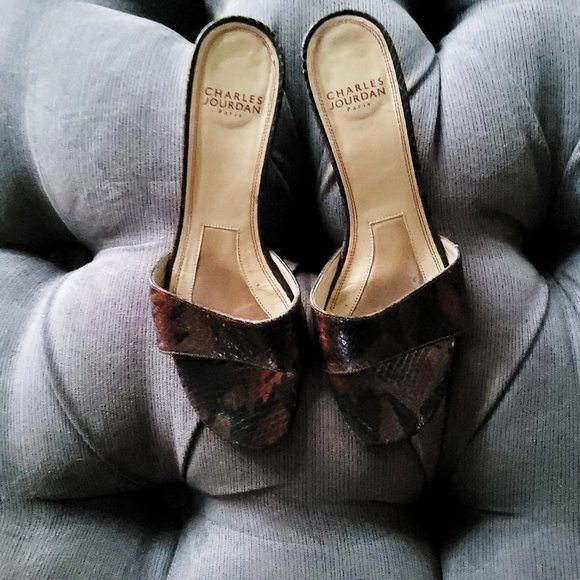Charles Jordan Black/Brown Snakeskin Cross Bridge Sandals Size 7 - Picture 9 of 11
